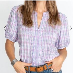 Johnny Was Workshop Malo Puff Sleeve Blouse Purple Plaid Embroidered Seersucker